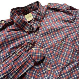 Lacoste Men's Red Button-Up Long Sleeve Shirt Size 44 XL Collared Plaid Epaulets